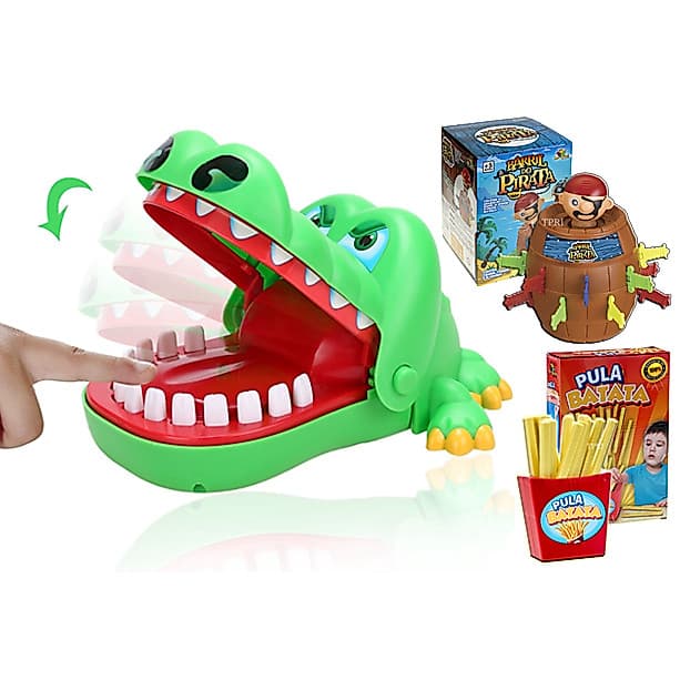 BRINQUEDO INFANTIL CROCODILO DENTISTA MORDE DEDO JACARÉ APERTA DENTE ORIGINAL GRANDE JOGO INTERATIVO DE MESA TABULEIRO EDUCATIVO KIT PARA CRIANÇA BARRIL PIRATA + PULA BATATA + PINGUIM QUEBRA GELO + TIRA VARETAS + QUEM SOU EU MENINO MENINA