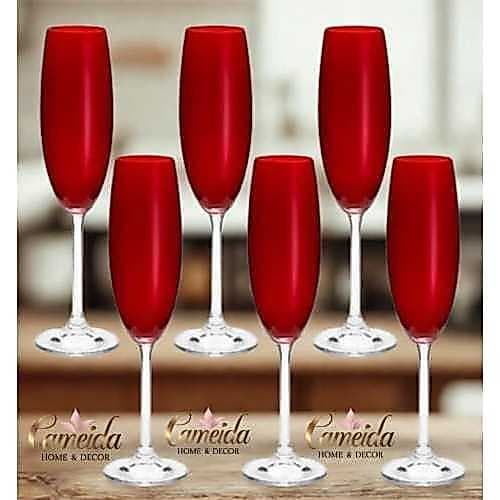 Jogo 6 Taças de Cristal Luxo Vermelha Alto Brilho  Para Champanhe/Espumante 220 ml Colibri/Gastro Bohemia