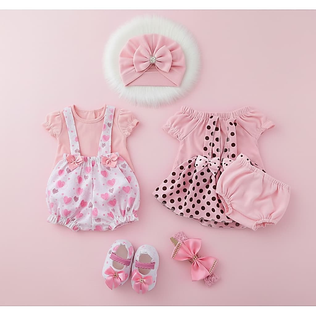 2 Kits Roupinha Bebê Reborn Jardineira + Sapato + Tiara + Turbante - 8 peças - Veste de 45 a 50cm!