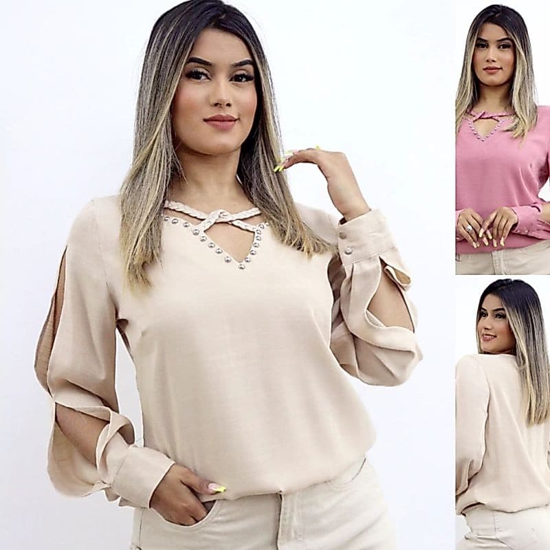 Blusa Social Feminina Elegante Manga Longa Detalhe na Gola Moda Feminina
