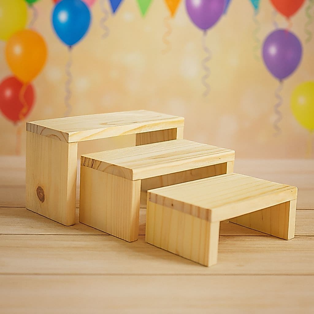 Trio Escada Bandeja de Madeira Pinus | Decoração Festa | Mesa Posta Doces Expositor