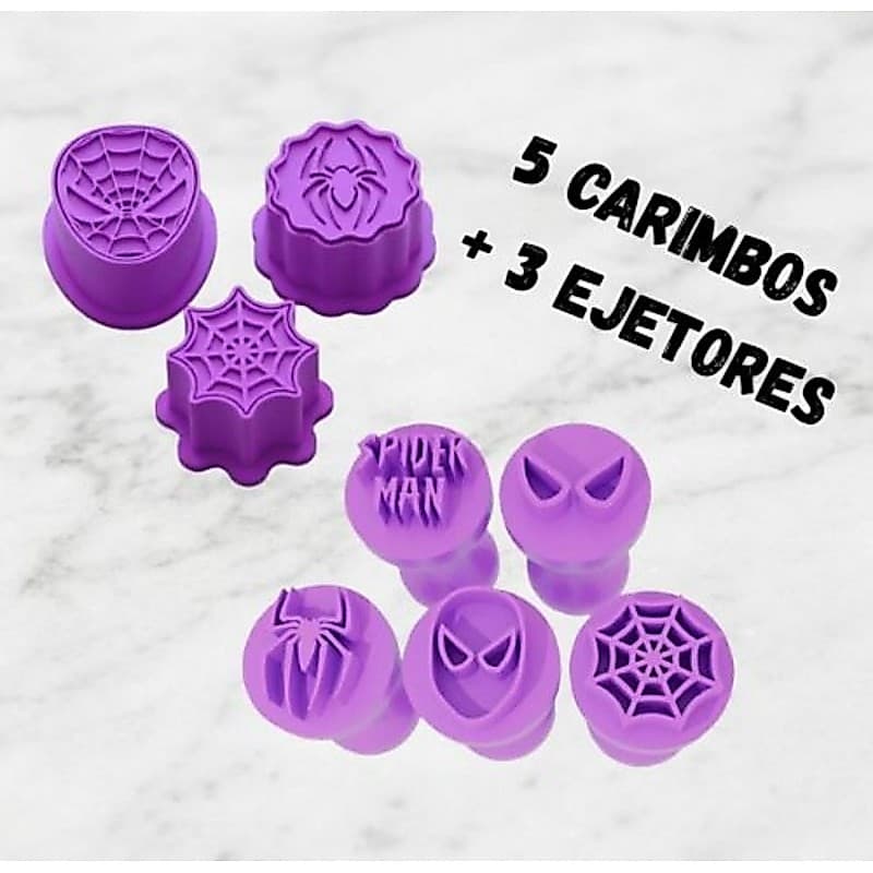 Kit de 5 Carimbos e 3 Ejetores Modeladores de Doces e Brigadeiros Completo | Homem Aranha Spider Man