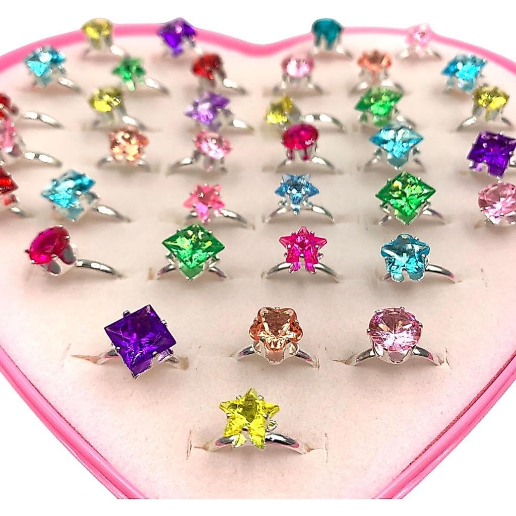 Kit 36 Aneis Infantil Menina Ajustavel Strass Regulavel Presente Lembrancinha Caixa Coracao