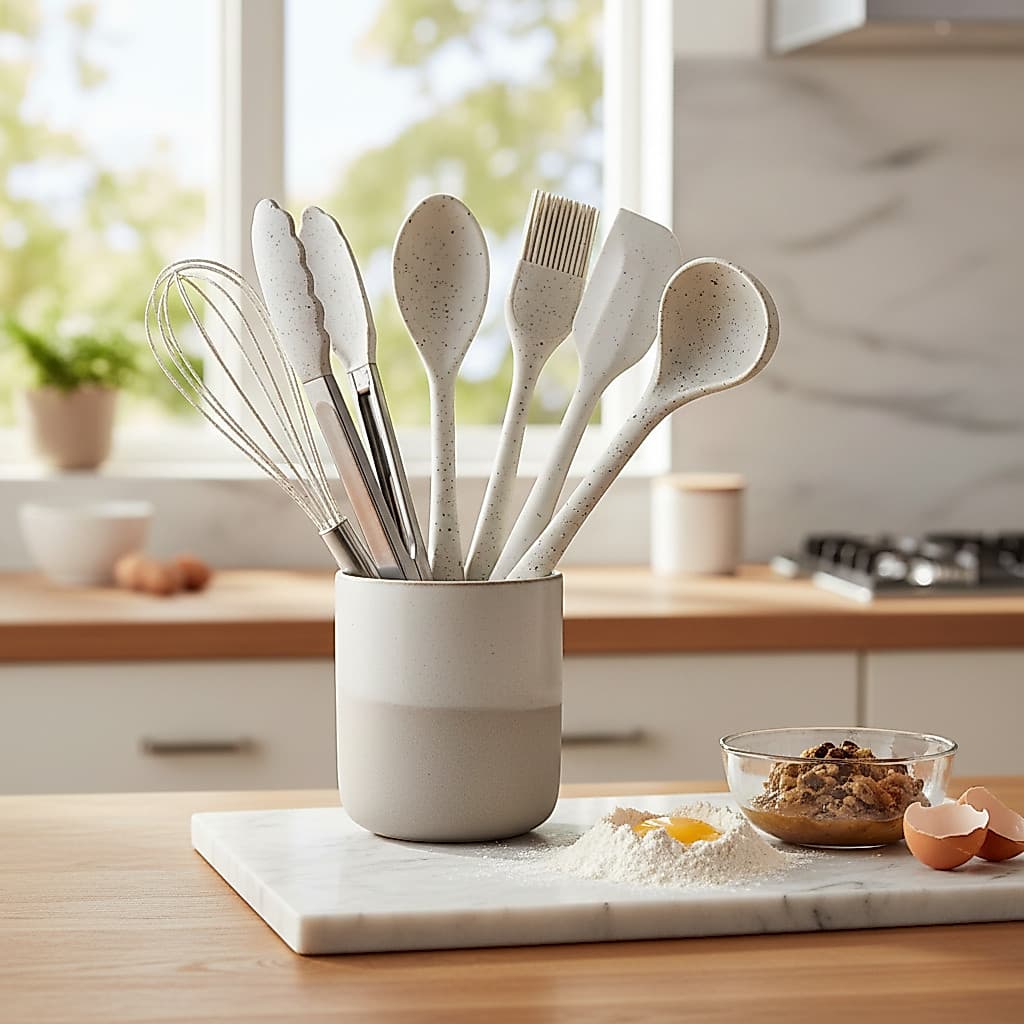 Conjunto Utensílios De Cozinha Silicone Vanilla Resistente Brinox Espátula Colher Concha Pegador