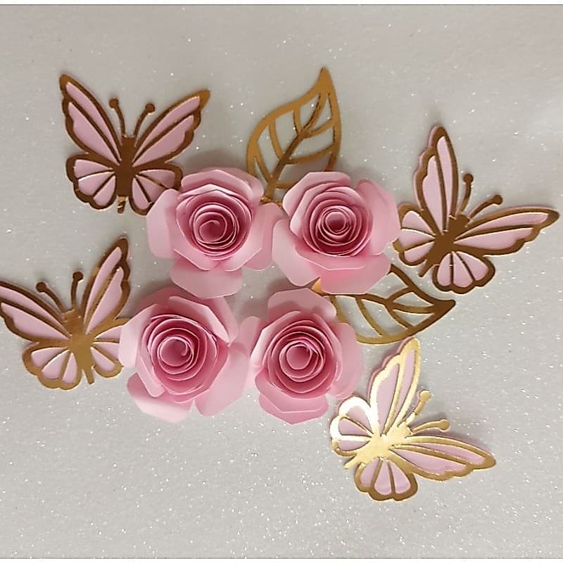 4 rosetas e 4 borboletas para topo de bolo flor 3d rosa