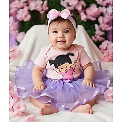 Body Bebê Boo Com Saia e Laço Fantasia Mesversário Ensaio Fotográfico Promoção Bory Monstro S.a