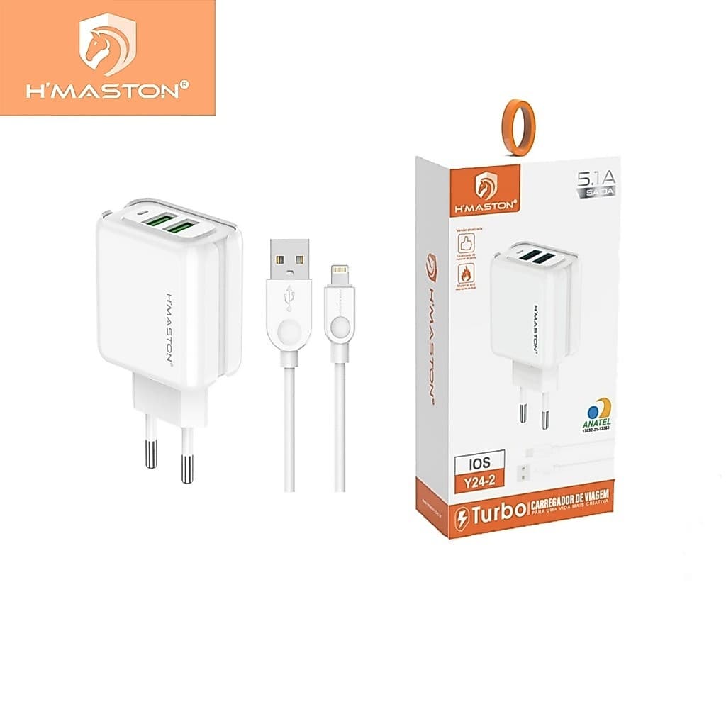 H'maston  Y24-2 Carregador Turbo 25w Fonte Torre Carregar Celular Portátil 2 Usb 5.1A Com Cabo Lightning