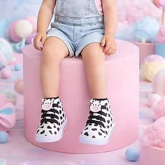 Tênis Infantil Menina Cano Alto Estampa Vaquinha Branco e Preto Confortavel