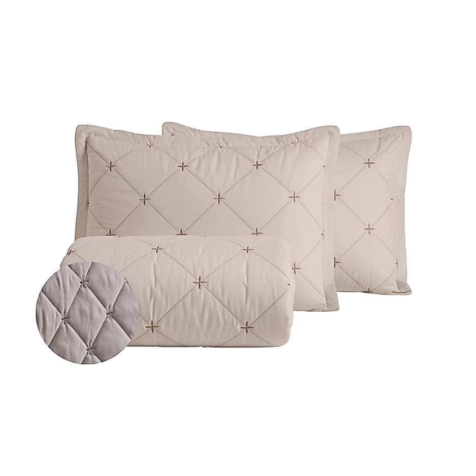 Kit Colcha Cobre Leito Vivere Luxo Queen Percal 200 Fios–Bordado Elegante Toque Macio- Moderno