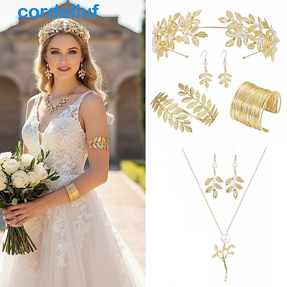 CORDELLUF Joias De Cabelo Da Deusa Grega , Brincos De Noiva Conjunto De Casamento Feminino Dourado , Pulseira