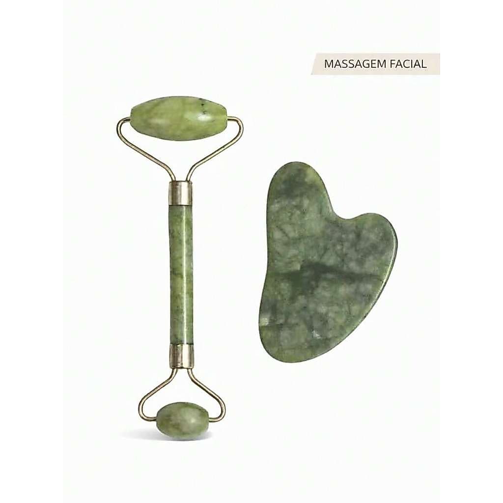 Kit Pedra Gua Sha + Rolo de Jade Facial | Massagem Facial Anti Inchaço | Drenagem e Relaxamento