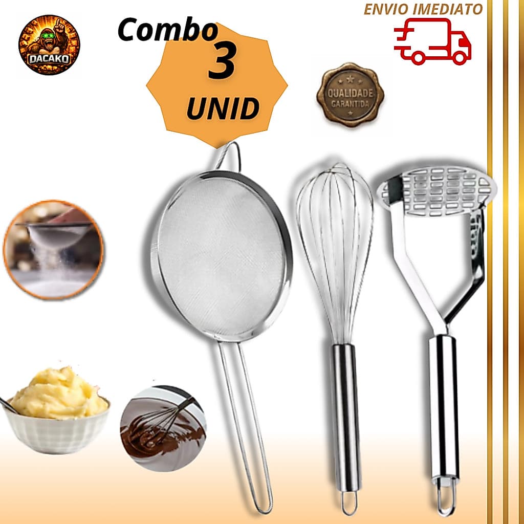 Combo Peneira Coador Inox 16cm,  Amassador de Batata e Fue Batedor Claras Inox 30cm Manual Cozinha