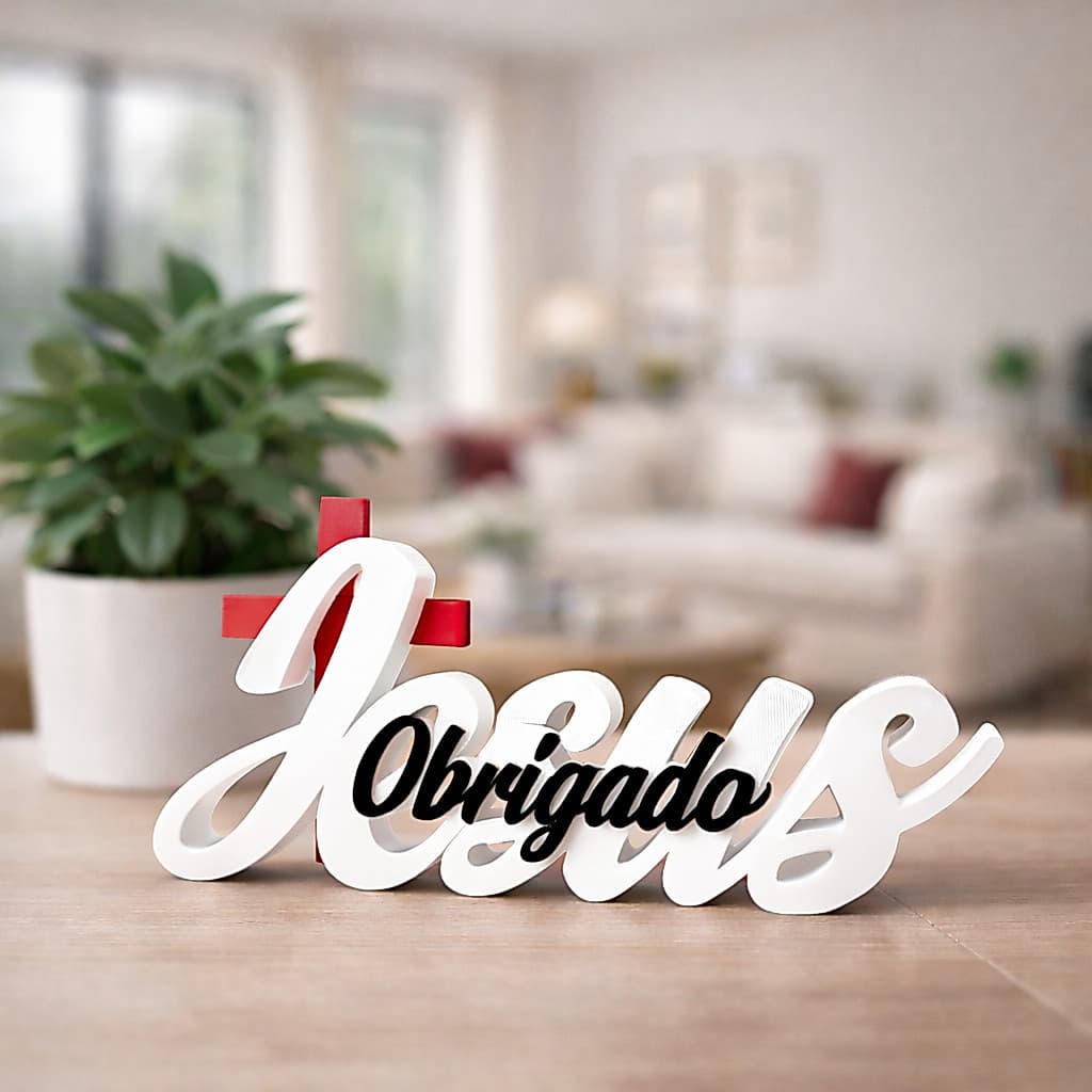 Letreiro Jesus Obrigado Decoração Bíblica de Gratidão Enfeite Cristão Casa Sala Mesa Quarto Presente