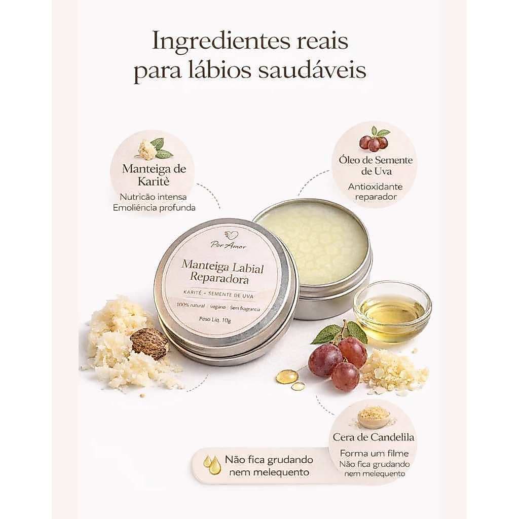 Lip Balm Natural Karité Hidratante Vegano Sem Fragrância Lábios Secos Reparador