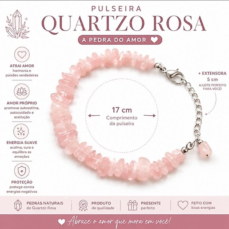 Pulseira Quartzo Rosa Natural Cascalho Feminina Energia Amor Próprio com fecho aço inox