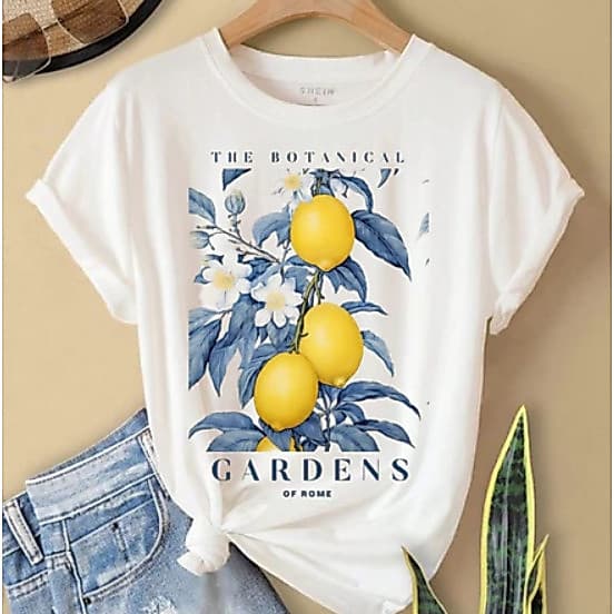 Camisa T- Shirt Feminina Branca de Algodão, Com Desenho Floral de Limões, para Ocasões Casuais