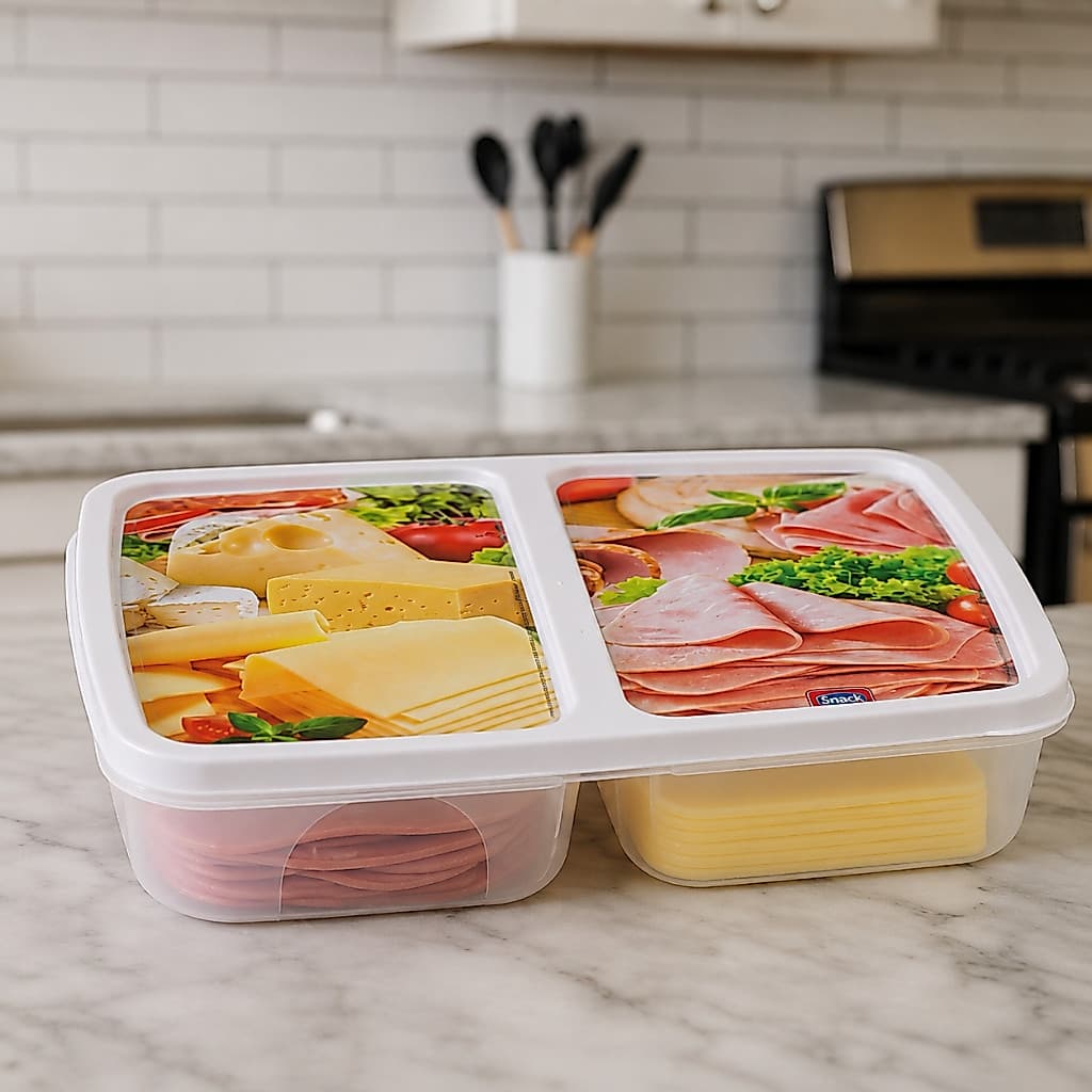Pote Porta Frios com 2 Divisórias Tampa Click Retrô Organizador para Presunto Queijo Geladeira Plástico Resistente