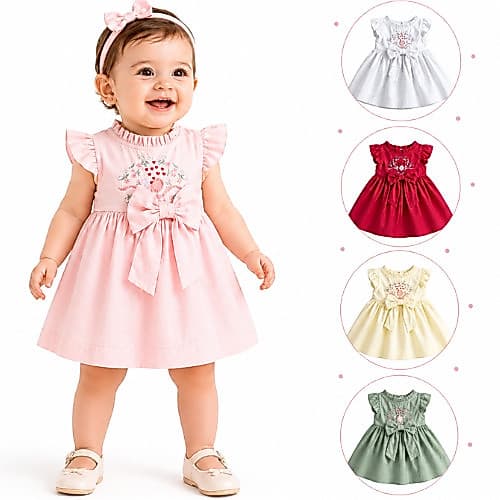 Vestido Bordado Com Detalhe em Laço Para Bebes Vestidinho Delicado Tecido Confortável Para Meninas