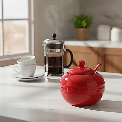 Açucareiro 300ml Em Cerâmica Com Colher Cor Vermelho