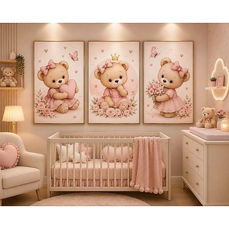 Kit quadro decorativo infantil 3 peças ursinhos fofas e delicadas