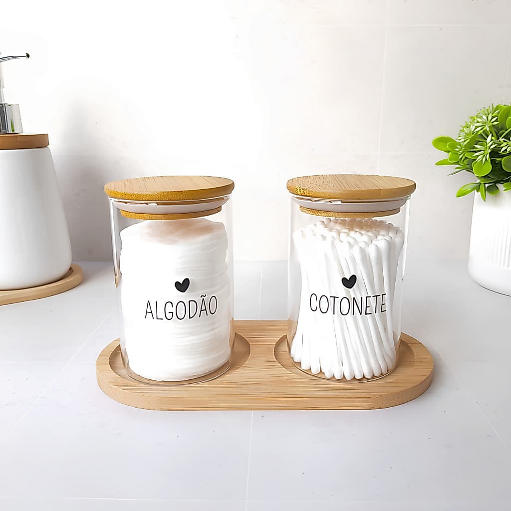 Kit Banheiro Organizador Personalizado Porta Algodão Cotonete Vidro Bandeja Bambu Hermético 3 Peças