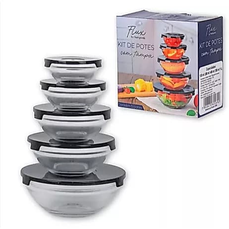 Kit 5 unidades Pote Tigela De Vidro Com Tampa Redonda Marmita Cozinha