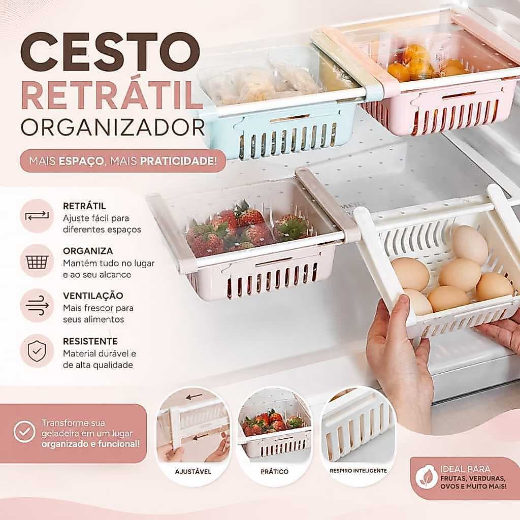 Cesto Retratil Orgaizador Geladeira Multi Uso Para Armazenar Frutas Ovos Lanches Legumes Temperos