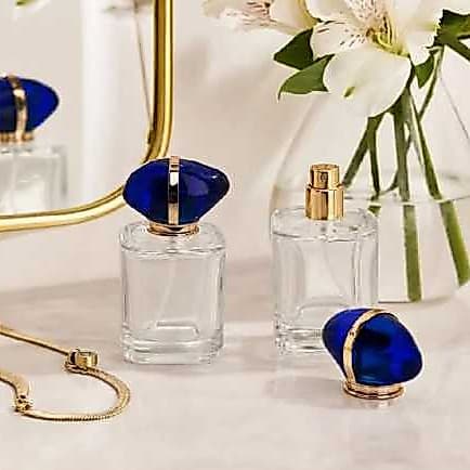 KIT FRASCO PERFUME 30ML QUADRADO COM VALVULA SPRAY TAMPA AZUL LISTRA DOURADA + PORTA PERFUME 5ML