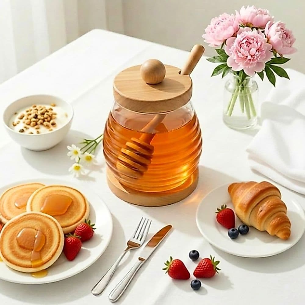 Meleira De Vidro Porta Mel 310ml Com Tampa Bambu E Pegador De Mel Recipiente Organizador Cozinha