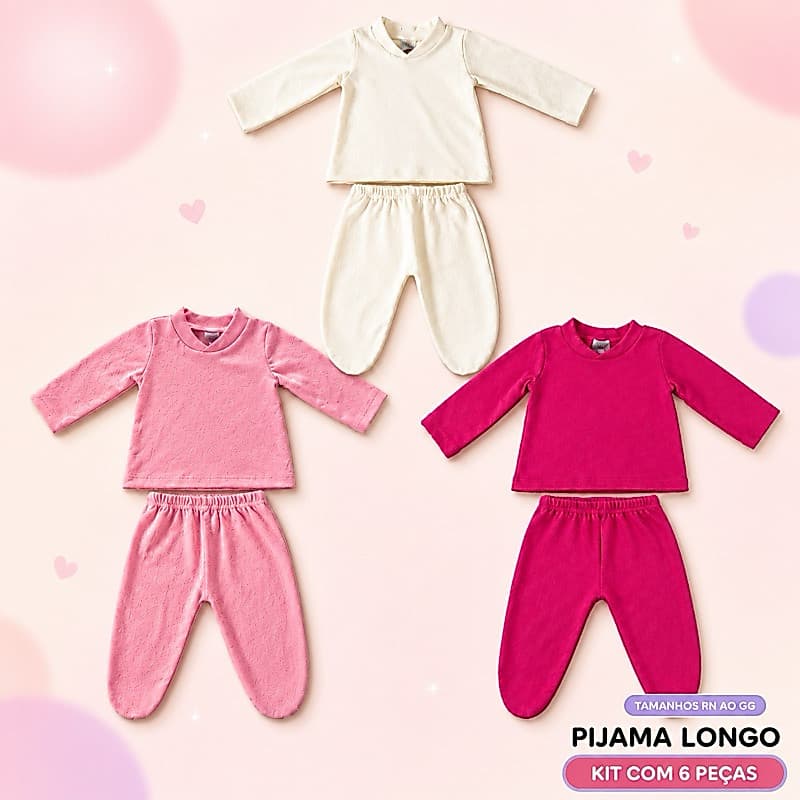 Kit 6 Peças Pijama Mijão Longo Minimalista Bebê Menina 100% Algodão