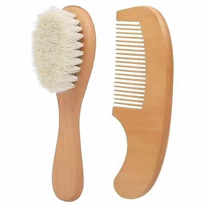 Kit Escova e Pente para Bebê Recém-Nascido Madeira Cerdas Macias Pelo de Cabra Natural Higiene Cabelo Infantil Enxoval