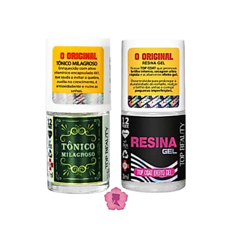 Kit Com 2 Bases Top Coat Efeito Gel Resina + Tônico Milagroso 12 Free Sos Unhas Top Beauty