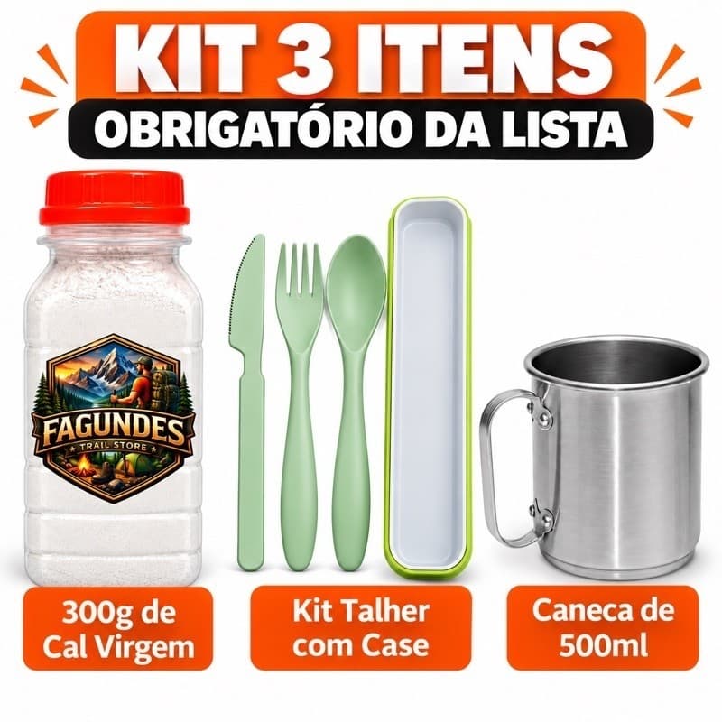 Kit Talher + Caneca 500ml + Cal Virgem 200g Para Camping trilha Itens Obrigatórios Mochila
