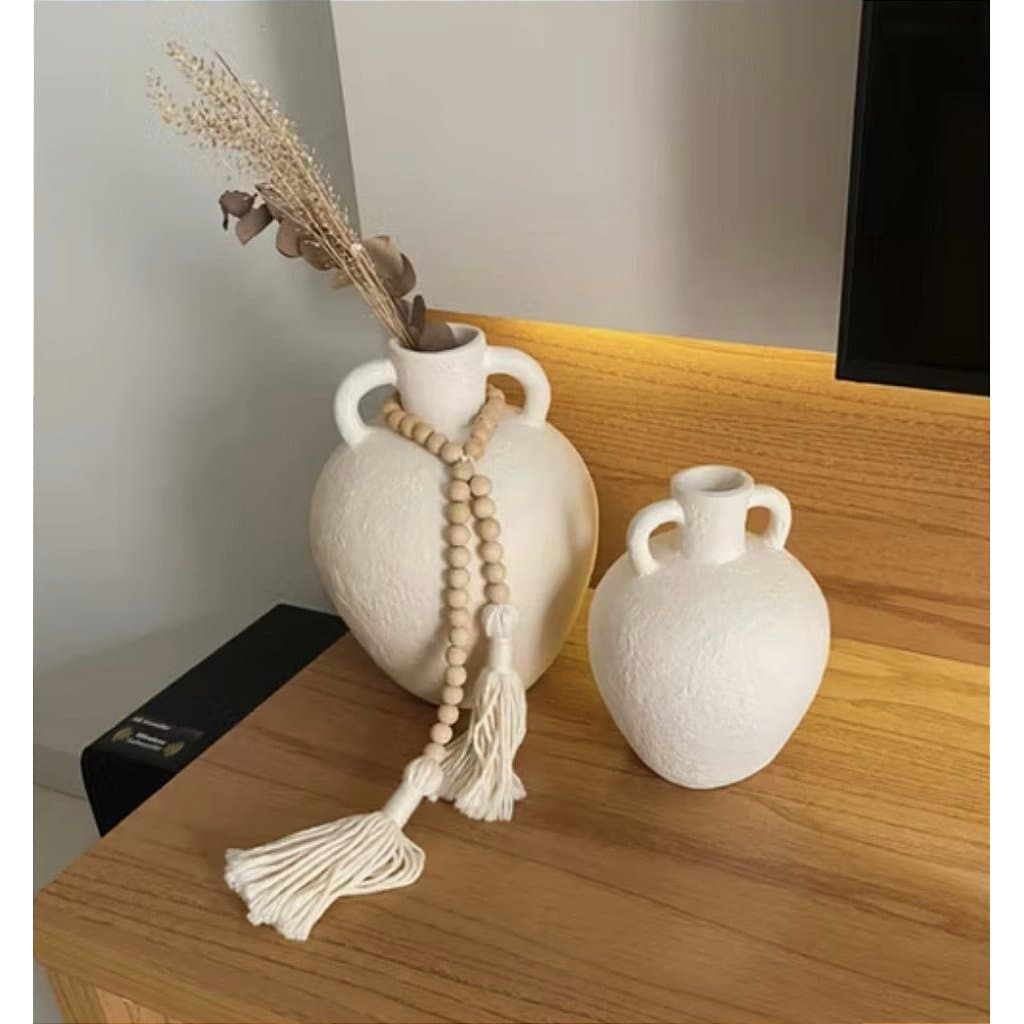Kit 2 Vasos Decorativos com Alças em Cerâmica Off-White
