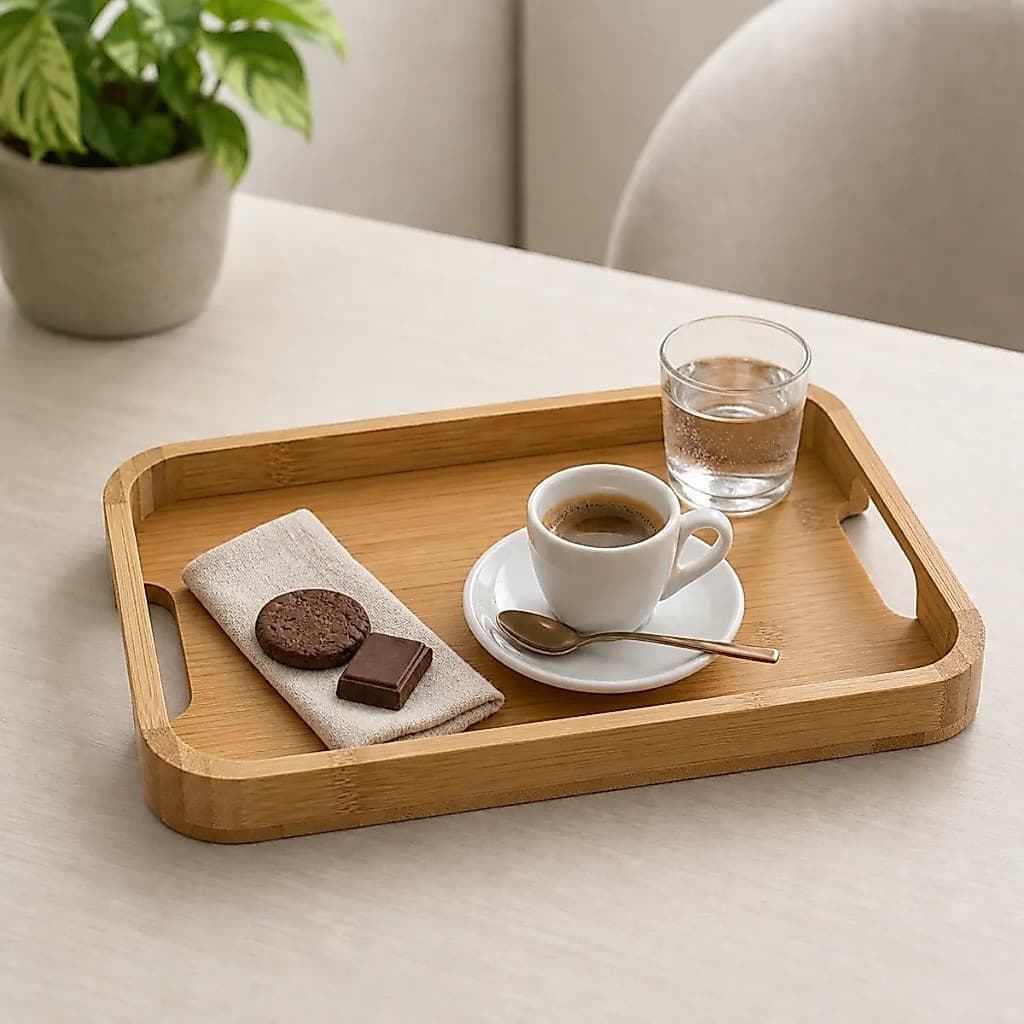 Bandeja Bambu Retangular com Alças 30x23cm Multiuso para Café Petiscos Lavabo Organização e Decoração Tuut