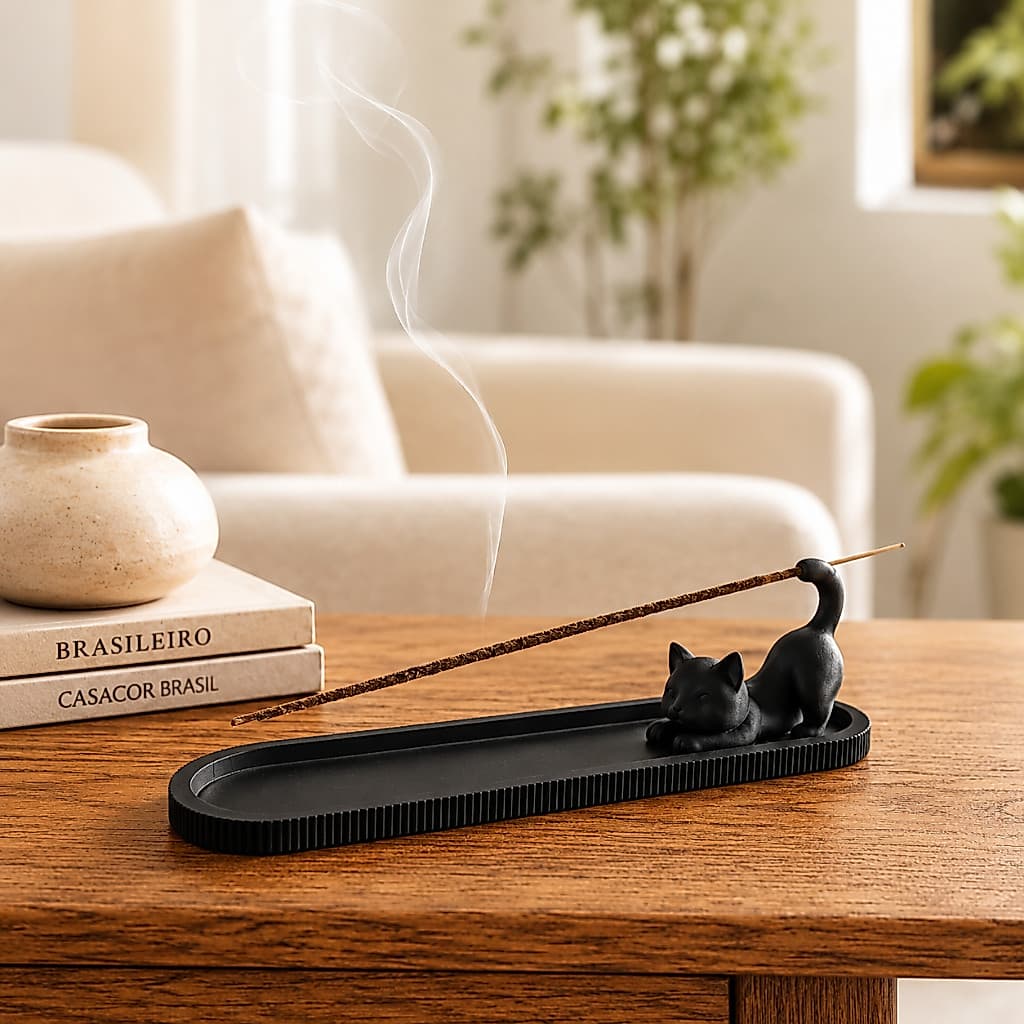 Porta Incenso Incensário Gato Suporte Decorativo Mesa Luxo