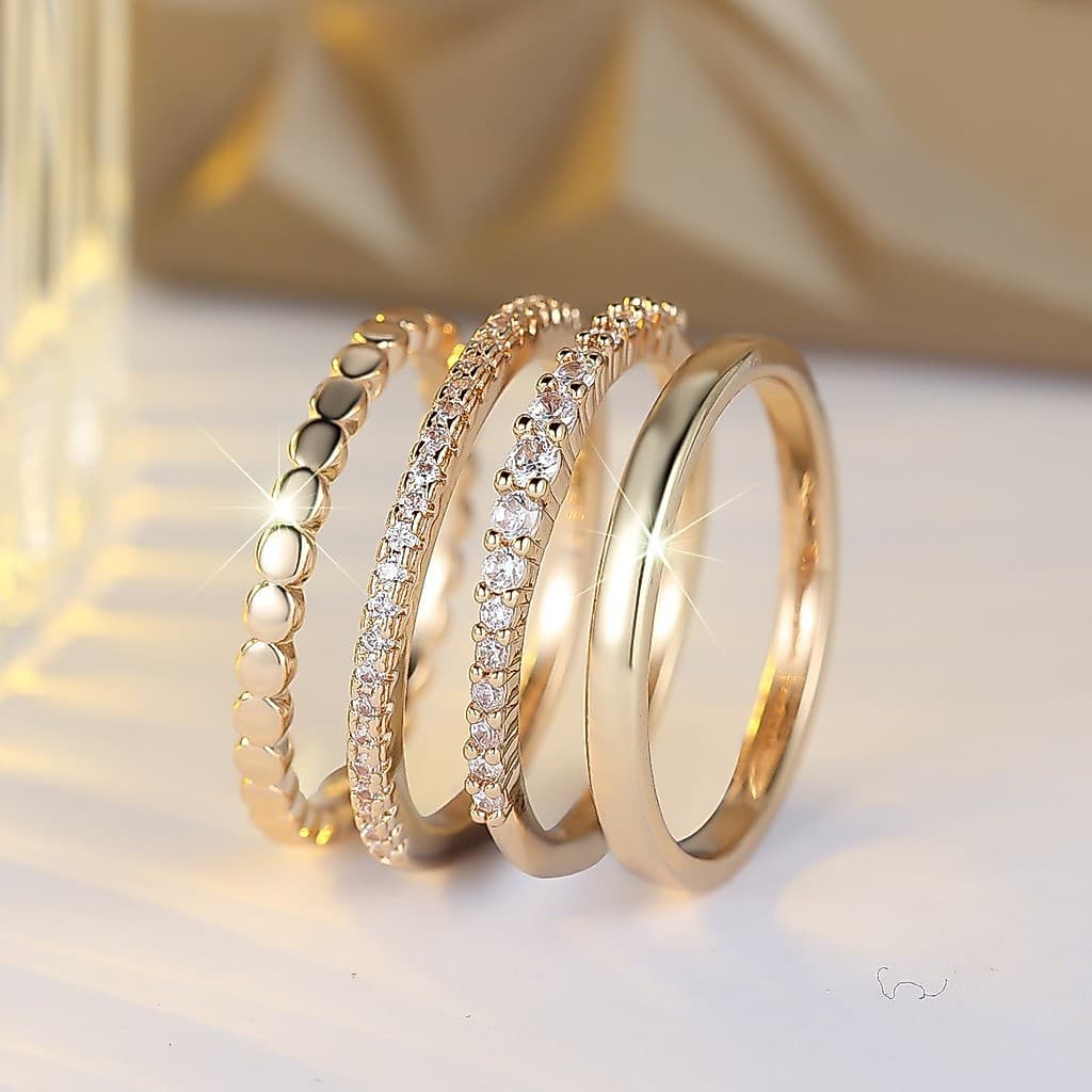 [Estoque pronto] Moda simples redondo diamante branco Micro-incrustado zircão anel de quatro peças não anel de empilhame