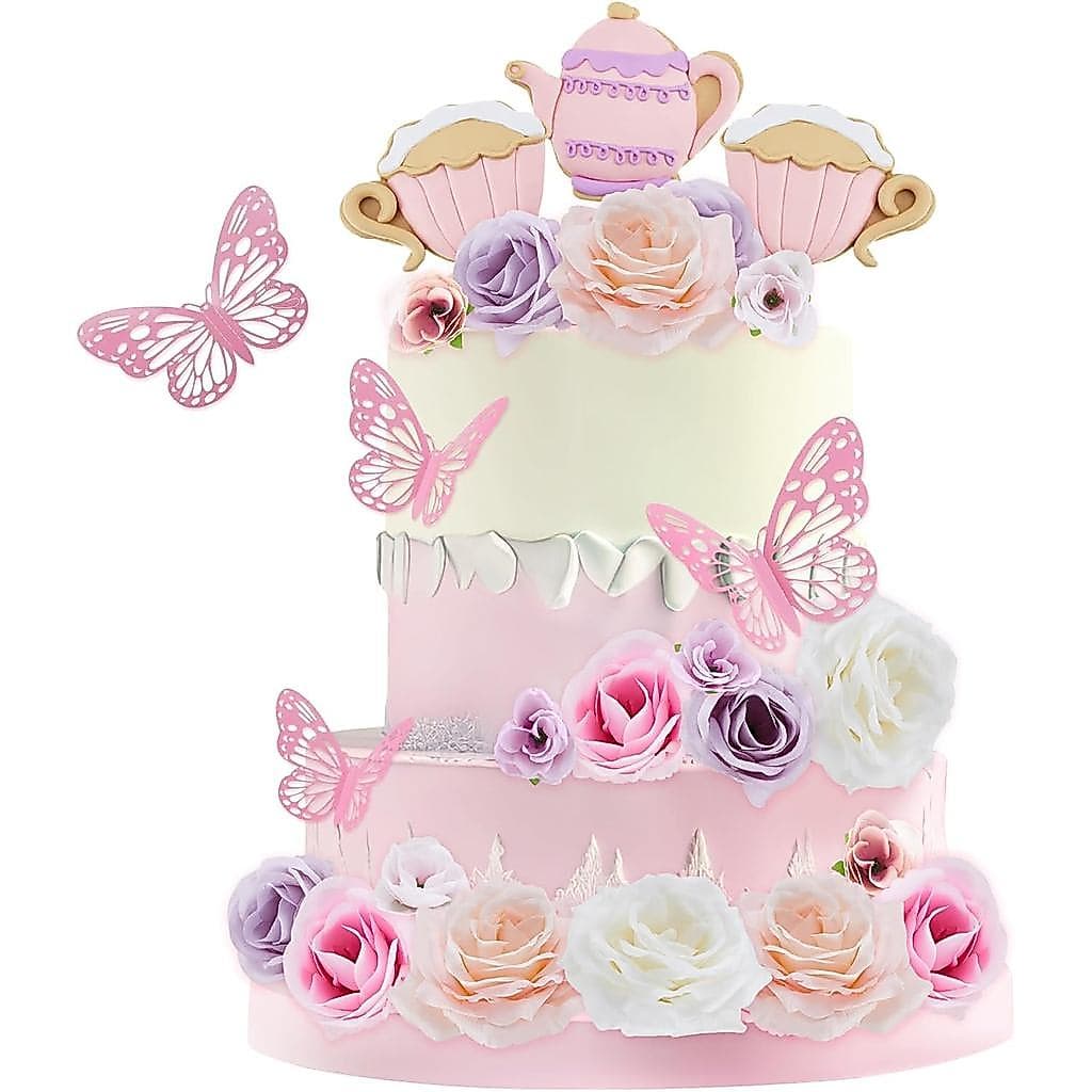 Teenyyou 33 Peças de Decorações para Bolo de Festa do Chá: Flores, Borboletas, Bule, Xícara de Chá, Decorações Florais p