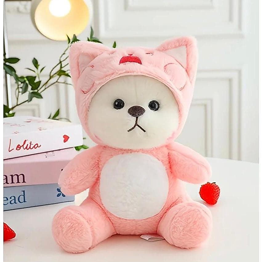 Urso De Pelúcia Rosa Com Touca De Gatinho Fofo Macio Decorativo Presente Infantil Envio Imediato
