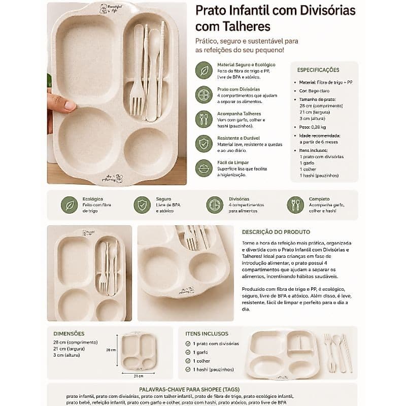 Prato Infantil com Divisórias + Talheres em Fibra de Trigo | Prato para Bebê Livre de BPA
