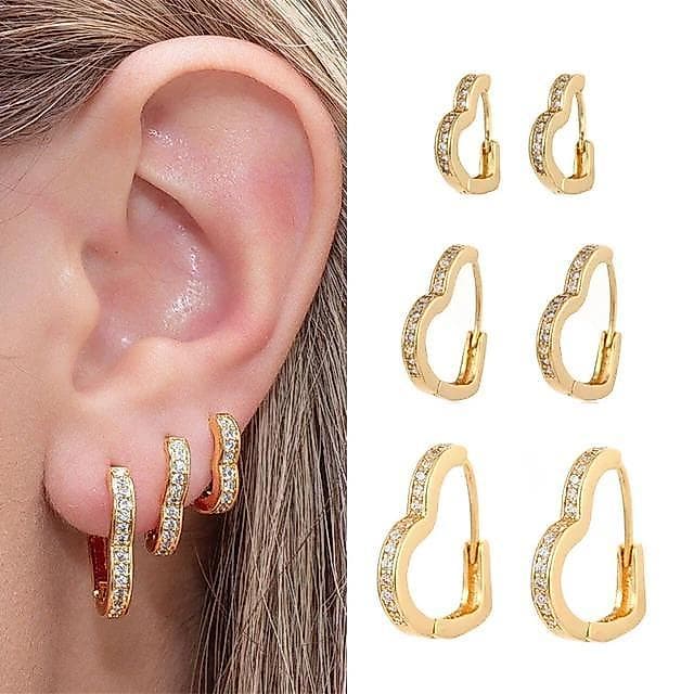 Trio Brinco Feminino Coração Vazado Cravejado Strass Zircônia Banhado a Ouro 18k