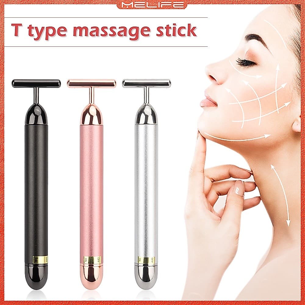 24k Gold Face Lift Bar Roller Vibration Slimming Massager Facial Stick Facial Beauty Skin Care T Shaped Vibrating Tool