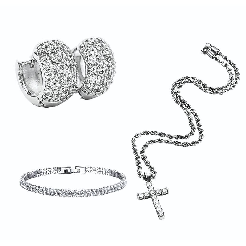 Conjunto Italian Kit Ice Masculino Colar com Pingente Cruz e Brinco Cravejado e Pulseira Cravejada
