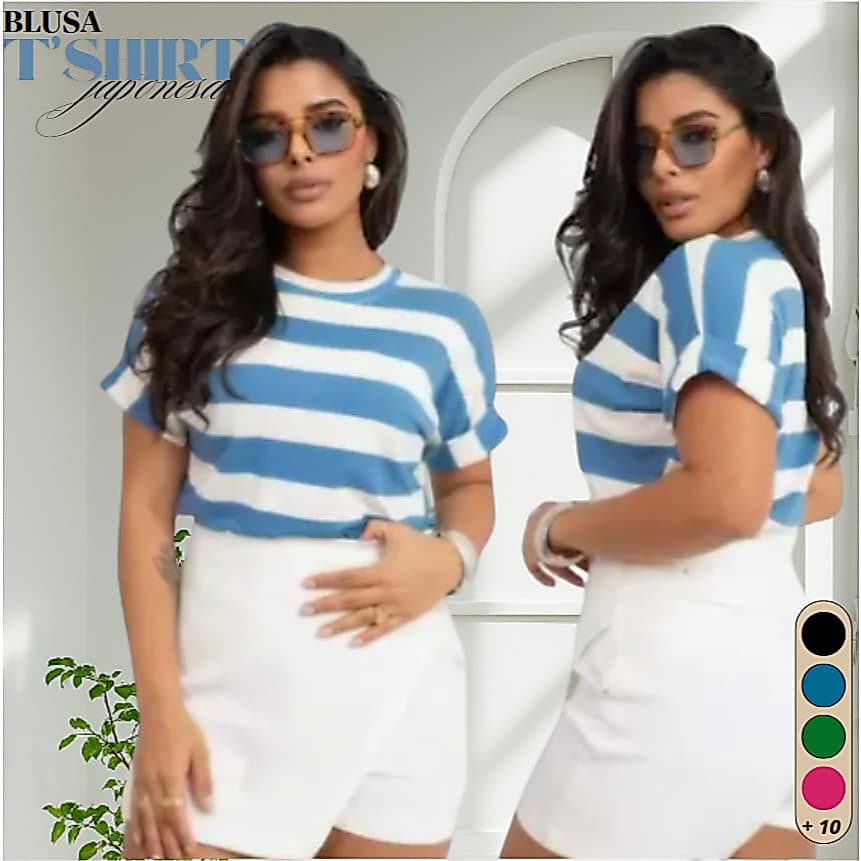 Blusa T-shirt Listrada Bicolor Manga Curta Doblada Cores Verao Inverno Tendencia 2025 Viscolycra Premium