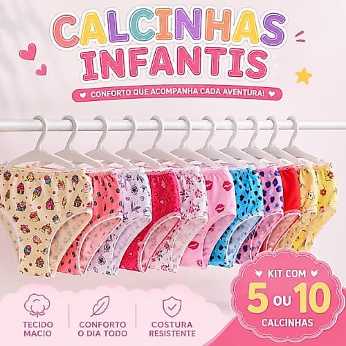 Kit 5 ou 10 Calcinha Infantil com Forro Algodão Estampas Sortidas