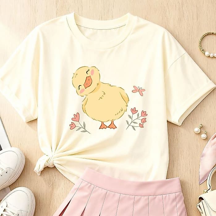 Camiseta Camisa T-shirt Feminina100%Algodão Pato Delicado Fofo Corações