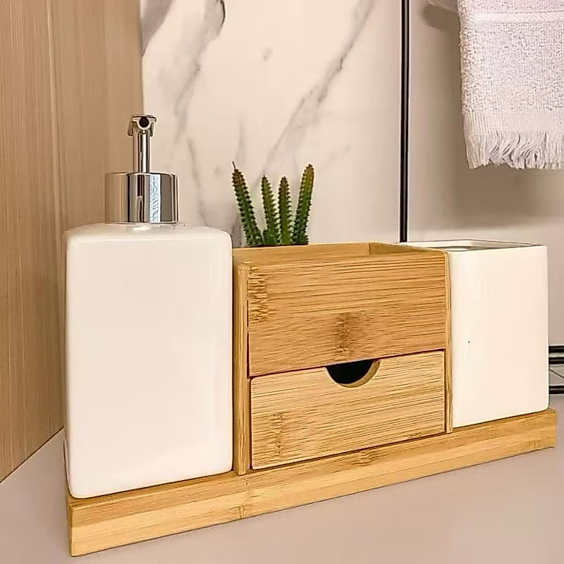 Jogo Banheiro Lavabo Bandeja Com Gavetinha Porta Escova