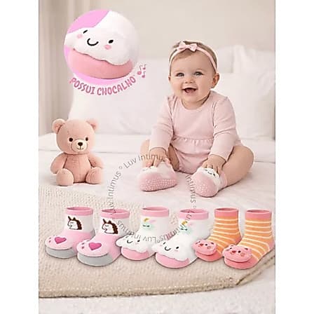 Kit 12 Pares de Meia Bebê Menina Chocalho Pelucia no Pé Inverno Algodão Premium
