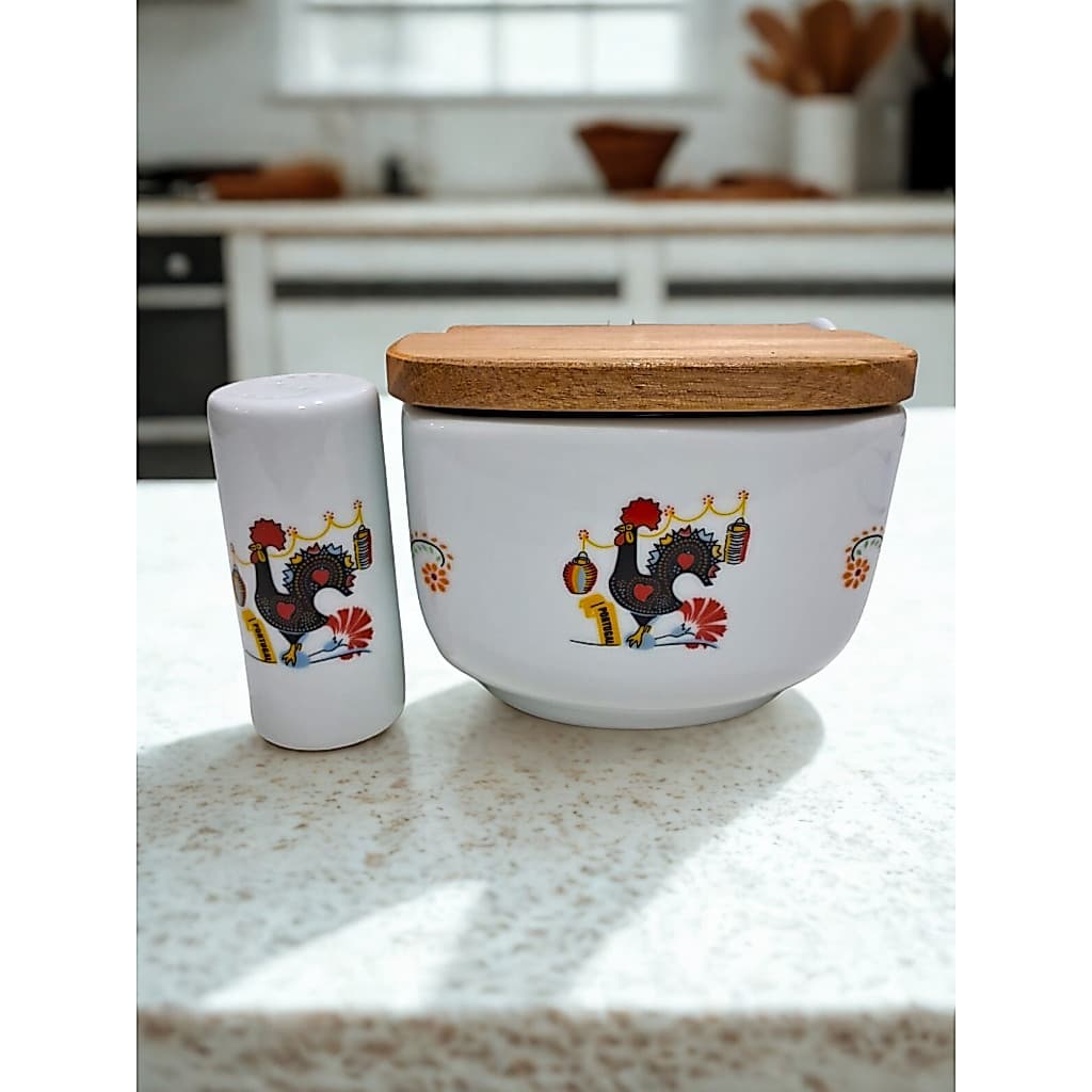Kit saleiro de bancada - saleiro de mesa - porcelana - capacidade 500g - decoração Galo português
