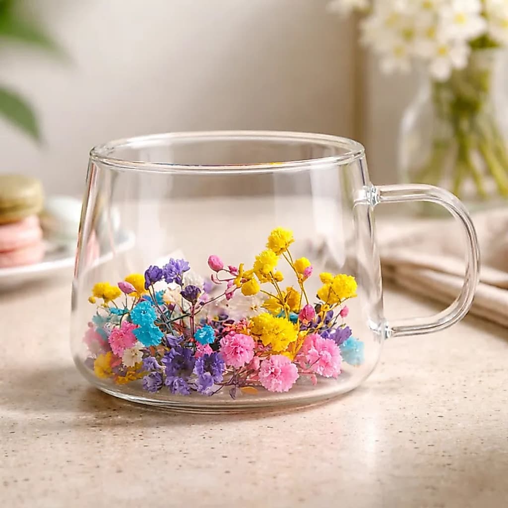 Caneca Xícara Parede Dupla 110ml Colorida em Vidro com Flores Secas cantinho do café Cozinha